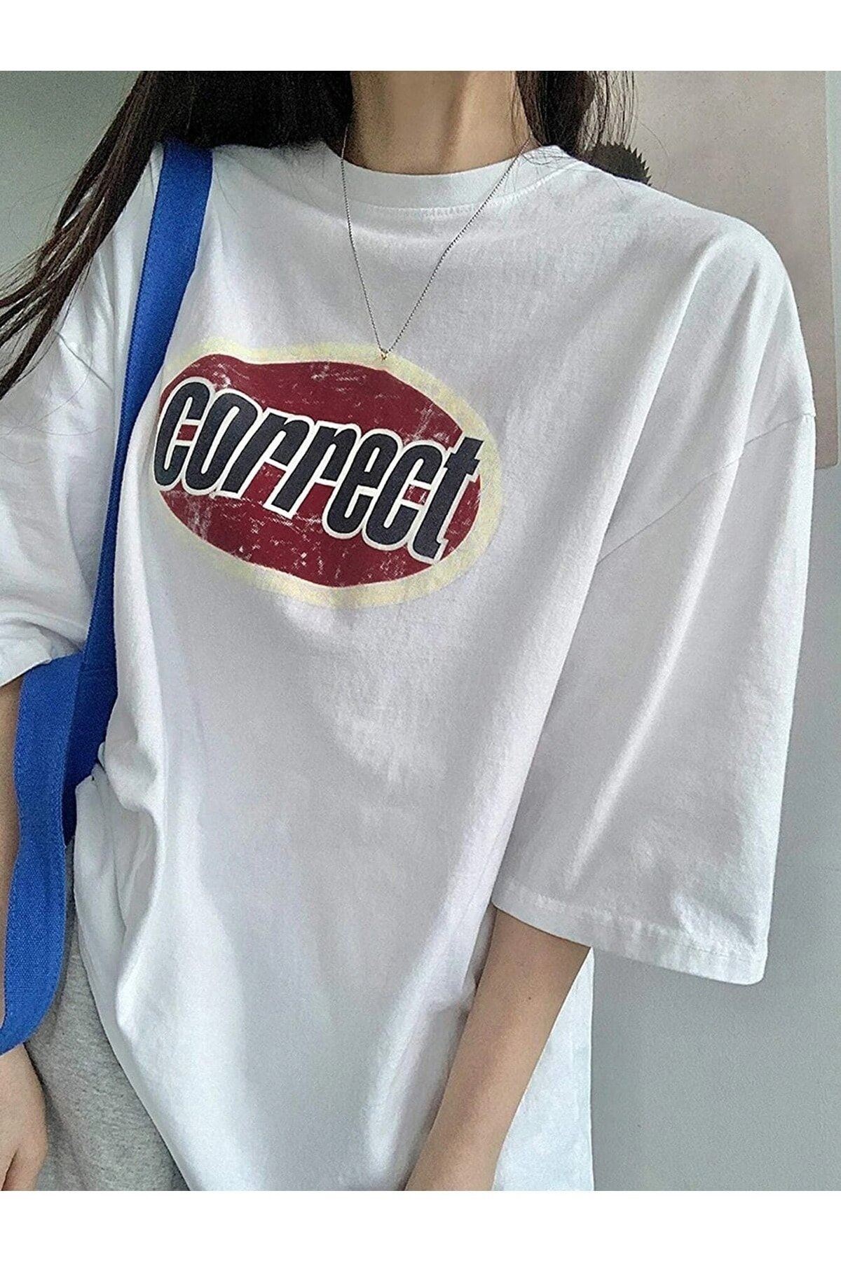 Correct Vintage Tasarım T-shirt - Beyaz Baskılı Oversize Bisiklet Yaka