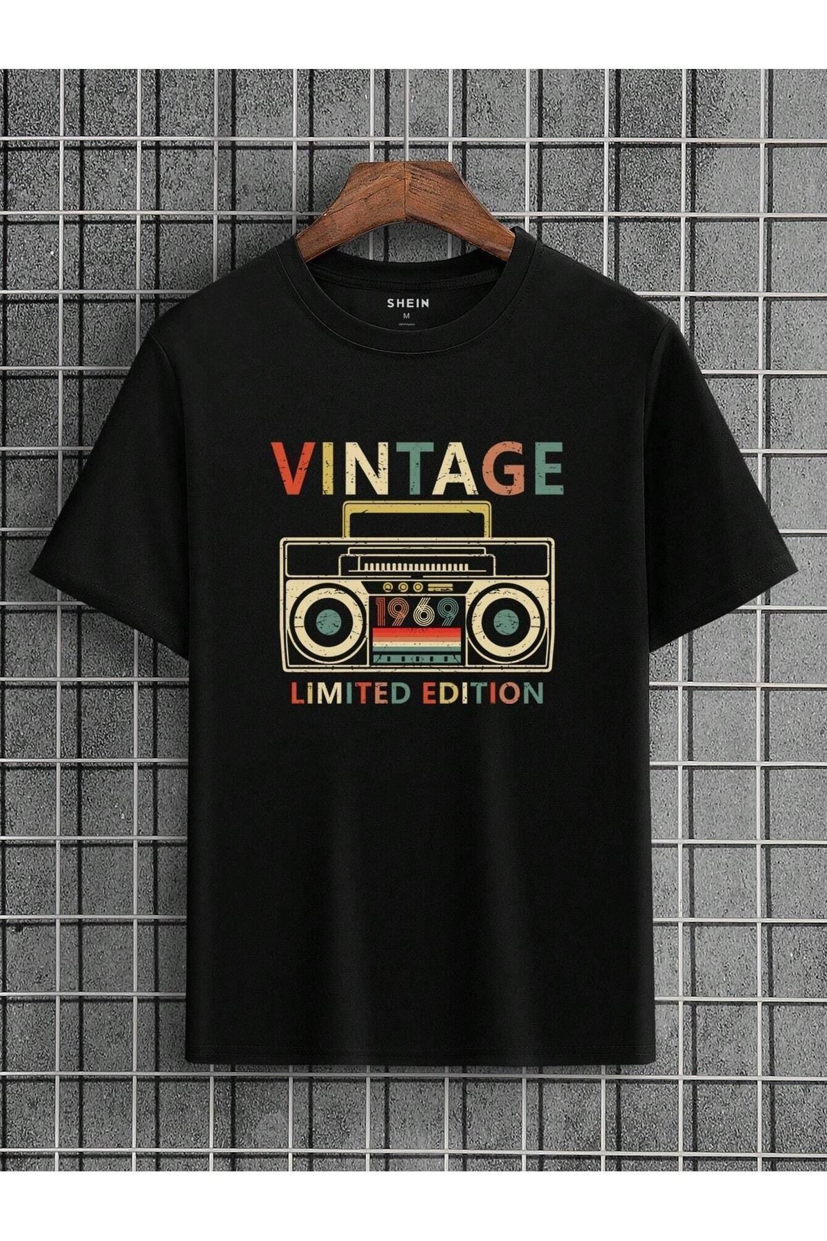 Vintage 1969 Süprem T-Shirt - Siyah Baskılı Oversize Bisiklet Yaka Tişört