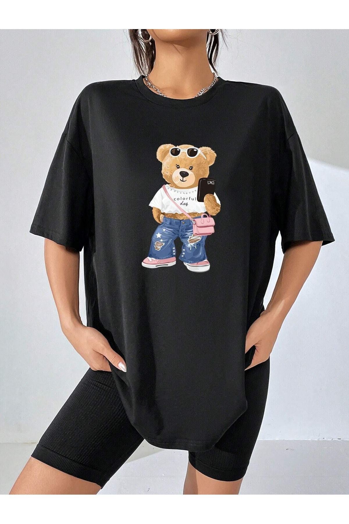 Colorful Bear Süprem T-Shirt - Siyah Baskılı Oversize Bisiklet Yaka Kısa Kol Tişört