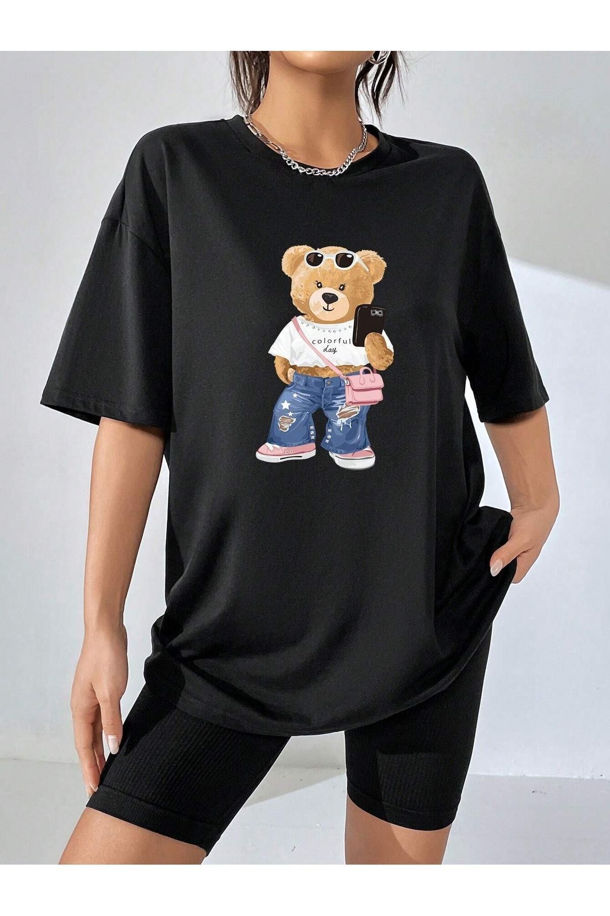 Colorful Bear Süprem T-Shirt - Siyah Baskılı Oversize Bisiklet Yaka Kısa Kol Tişört
