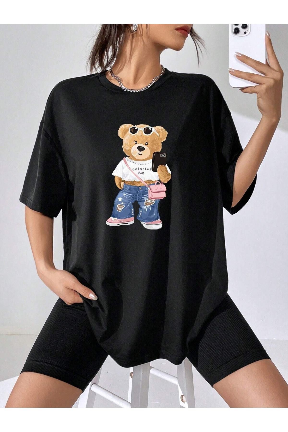 Colorful Bear Süprem T-Shirt - Siyah Baskılı Oversize Bisiklet Yaka Kısa Kol Tişört