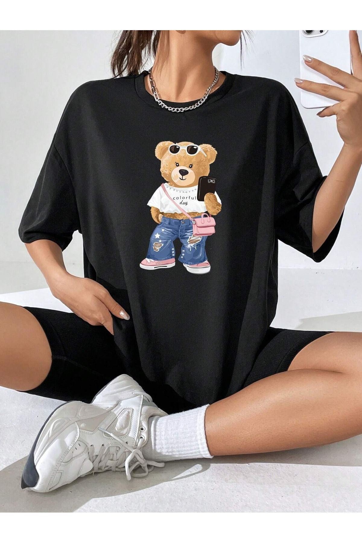Colorful Bear Süprem T-Shirt - Siyah Baskılı Oversize Bisiklet Yaka Kısa Kol Tişört