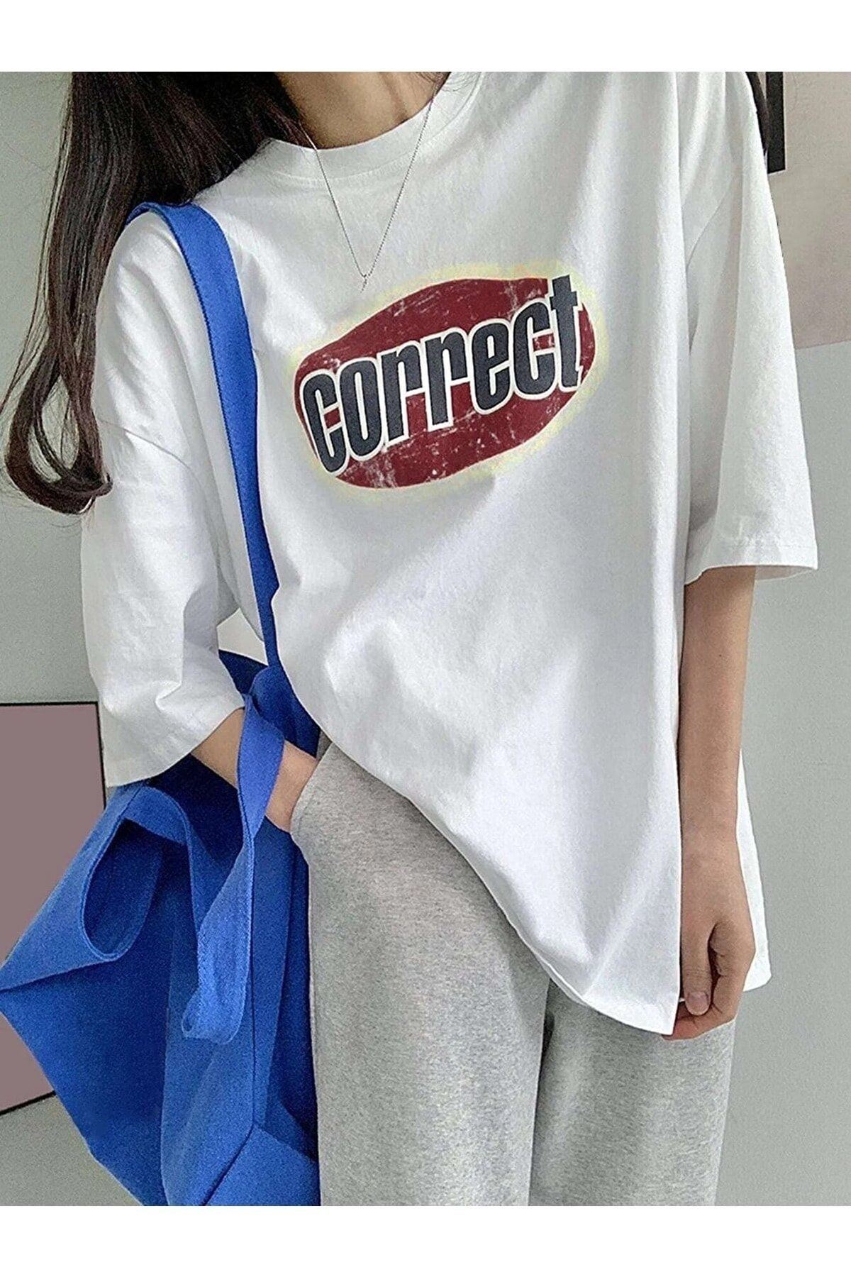 Correct Vintage Tasarım T-shirt - Beyaz Baskılı Oversize Bisiklet Yaka