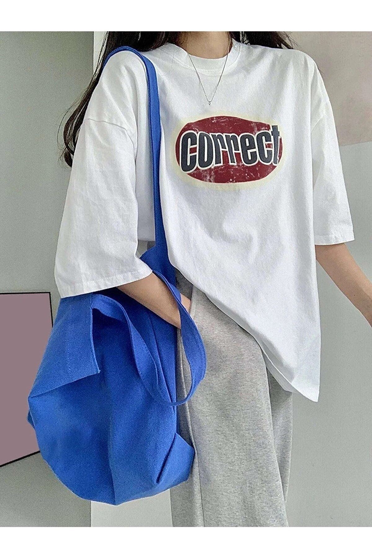 Correct Vintage Tasarım T-shirt - Beyaz Baskılı Oversize Bisiklet Yaka