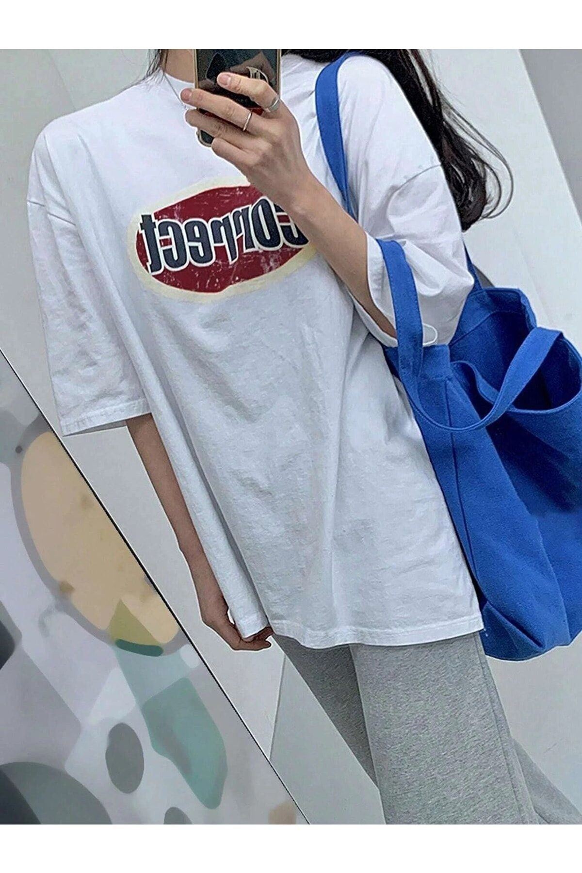 Correct Vintage Tasarım T-shirt - Beyaz Baskılı Oversize Bisiklet Yaka