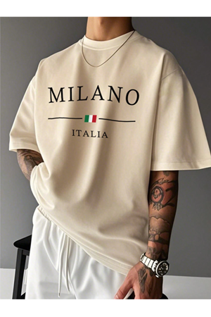 Erkek Oversize Milano Italia Baskılı Krem Tişört - Yazlık Şık Stil