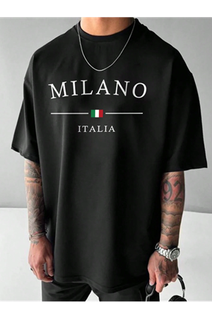 Erkek Oversize Milano Italia Baskılı Siyah Tişört - Yazlık Şık Stil