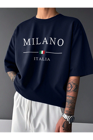 Erkek Oversize Milano Italia Baskılı Lacivert Tişört - Yazlık Şık Stil