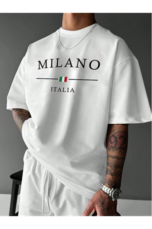 Erkek Oversize Milano Italia Baskılı Beyaz Tişört - Yazlık Şık Stil