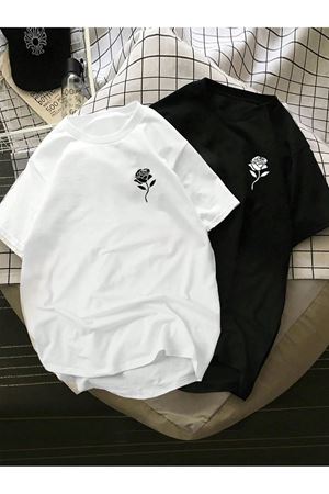 Unisex Gül Baskılı Siyah & Beyaz Basic Tişört - Oversize Rahat Kalıp