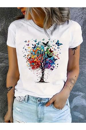 Kadın Renkli Ağaç ve Kelebek Baskılı Beyaz Tişört - Yazlık %55 Pamuk %45 Polyester