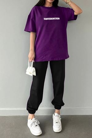 Kadın Mor Tişört Siyah Eşofman Takımı - THATSSOFETCH Baskılı Rahat Takım