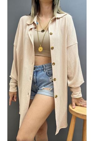 Kadın Bej Oversize Düğmeli Gömlek - Yazlık Hafif Dokulu Bürümcük Pareo