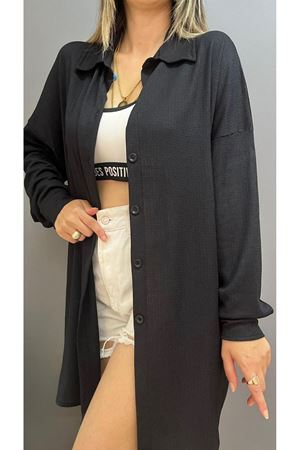 Kadın Siyah Oversize Düğmeli Gömlek - Yazlık Hafif Dokulu Bürümcük Pareo 