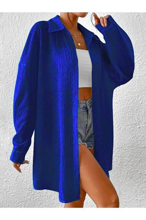 Kadın Saks Mavi Oversize Düğmeli Gömlek - Yazlık Hafif Dokulu Bürümcük Pareo