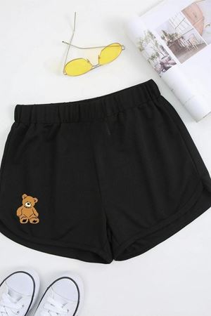 Unisex Siyah Ayıcık Baskılı Bermuda Şort – %35 Pamuk %65 Polyester