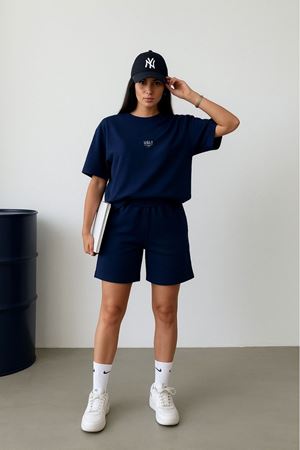 Lacivert Oversize Tişört & Şort Takımı – Kadın Spor Rahat Takım