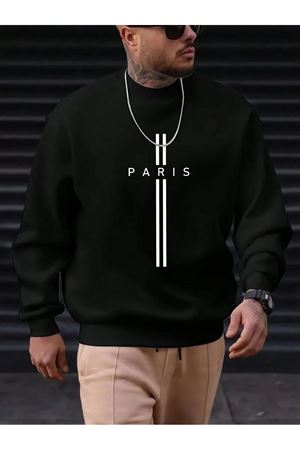 Erkek Siyah Paris Baskılı Oversize Sweatshirt
