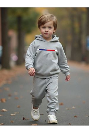 Renkli Paris Baskılı Pamuk Çocuk Kapüşonlu Takım - Gri Jogger Baskılı Kız Erkek Çocuk