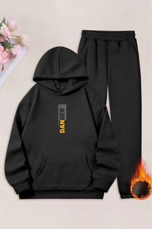 Unisex Siyah Danger Baskılı Eşofman Kapüşon- Kışlık Şardonlu Kumaş