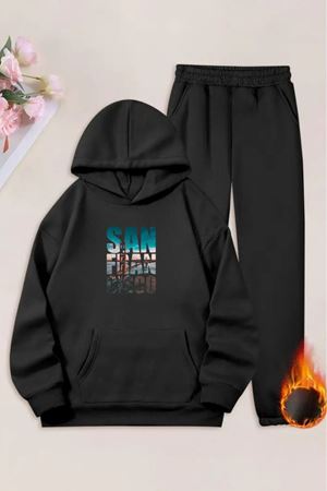 Unisex Siyah SAN FRAN CİSCO Baskılı Eşofman Kapüşon- Kışlık Şardonlu Kumaş