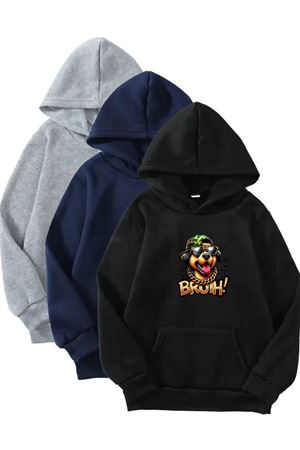 3'lü Kapüşonlu Sweatshirt Seti- Bruh Cool Dog Baskılı- Siyah, Lacivert, Gri - Kışlık Şardonlu Kumaş