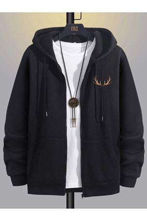 Boynuz Fermuarlı Hırka Sweatshirt - Siyah Baskılı Oversize Kışlık Kalın Kapüşonlu
