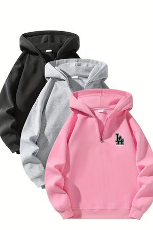 Unisex Fermuarlı Kapüşonlu Oversize LA Baskılı Sweatshirt – Siyah / Gri / Pembe