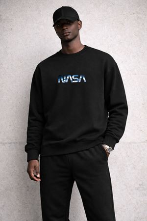 Erkek Siyah NASA Baskılı Eşofman Takımı – Bisiklet Yaka Sweatshirt Jogger Alt Günlük Spor Takım