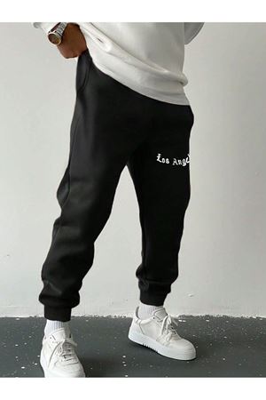Los Angeles Eşofman Altı Jogger - Siyah Baskılı Lastik Paça Yüksel Bel