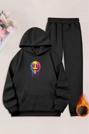 Unisex Siyah Renkli Emoji Baskılı Eşofman Kapüşon- Kışlık Şardonlu Kumaş