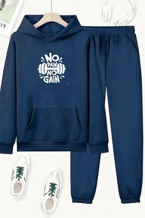 Unisex Lacivert NO PAİN NO GAİN Baskılı Eşofman Kapüşon- Kışlık Şardonlu Kumaş