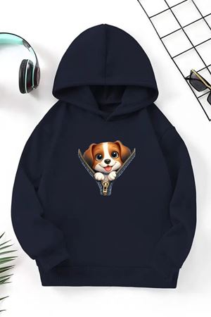 Unisex Lacivert Cocuk KapüşonluSweatshirt –Fermuarlı Köpek ,Baskılı Şardonlu Kalın Kumaş