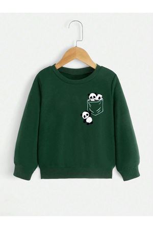 Panda Cep Pamuklu Çocuk Sweatshirt - Nefti Yeşil Baskılı Kız Erkek Çocuk Kışlık Bisiklet Yaka