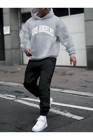 Los Angeles California Eşofman Takımı Gri Sweatshirt Siyah Jogger - Baskılı Oversize Kapüşonlu