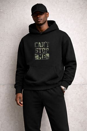 Erkek Siyah Kapüşonlu Eşofman Takımı Baskılı – Cant Stop Me Sweatshirt Jogger Alt Spor Günlük Takım