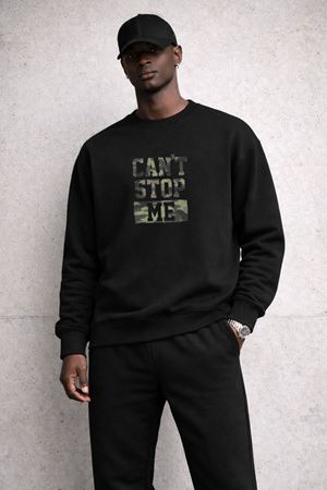 Erkek Siyah Can’t Stop Me Baskılı Eşofman Takımı – Bisiklet Yaka Sweatshirt Jogger Alt Günlük Takım