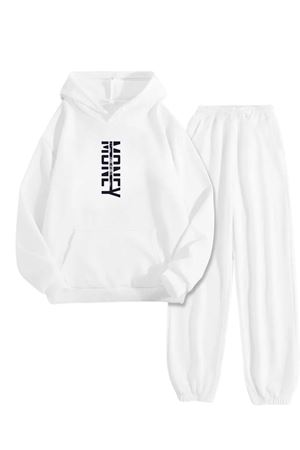 Beyaz Eşofman Takımı – Money Baskılı, Kapüşonlu Sweatshirt ve Jogger Pantolon