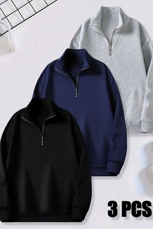 3'lü Fermuarlı Dikyaka Sweatshirt Seti -BASİC- Siyah, Lacivert, Gri
