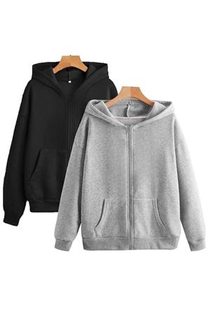 2'Li Düz Basic Hırka Oversize Kapüşonlu Fermuarlı - Oversize Unisex Kalın Kışlık