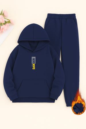 Unisex Lacivert Danger Baskılı Eşofman Kapüşon- Kışlık Şardonlu Kumaş