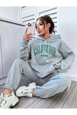 California West Coast Eşofman Takımı Sweatshirt Jogger - Gri Baskılı Oversize Şardonlu Kapüşonlu