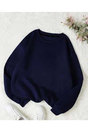 Basic Düz Sweatshirt - Lacivert Oversize Kışlık Kalın Bisiklet Yaka