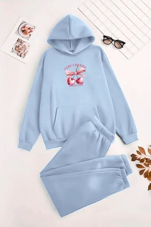Unisex Kapüşonlu BebeMavi Eşofman Takımı VERY CHERRY Baskılı- Kışlık Şardonlu Kumaş