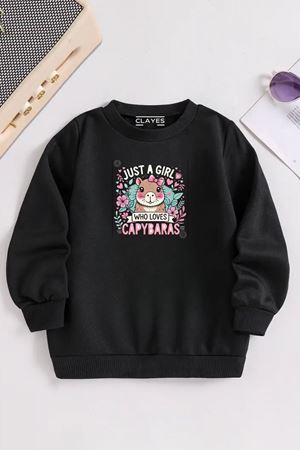 Çocuk Siyah Bisiklet Yaka CAPİBARA Baskılı, Kışlık Kalın Şardonlu Kumaş