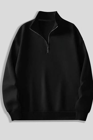 Siyah Fermuarlı Dikyaka Sweatshirt- BASİC - Kışık Şardonlu Kumaş