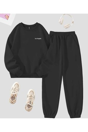 Los Angeles Mini Eşofman Takımı Sweatshirt Jogger - Siyah Baskılı Oversize Şardonlu Bisiklet Yaka