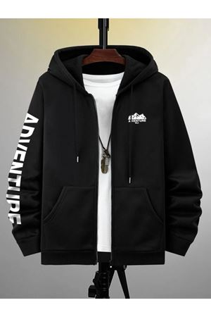 Kapşonlu Unisex ADVENTURE Baskılı Siyah Fermuarlı Hırka