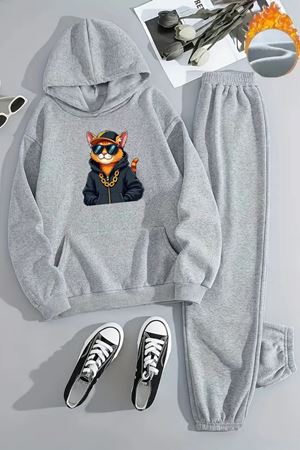 Unisex HİP HOP KEDİ Baskılı Kapüşonlu Gri Eşofman Takımı - Kışlık Şardonlu Kumaş