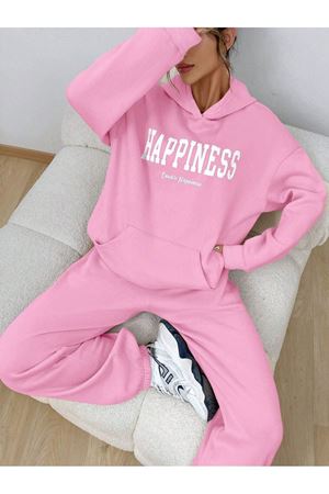 Happiness Eşofman Takımı Sweatshirt Jogger - Pembe Baskılı Oversize Şardonlu Kapüşonlu